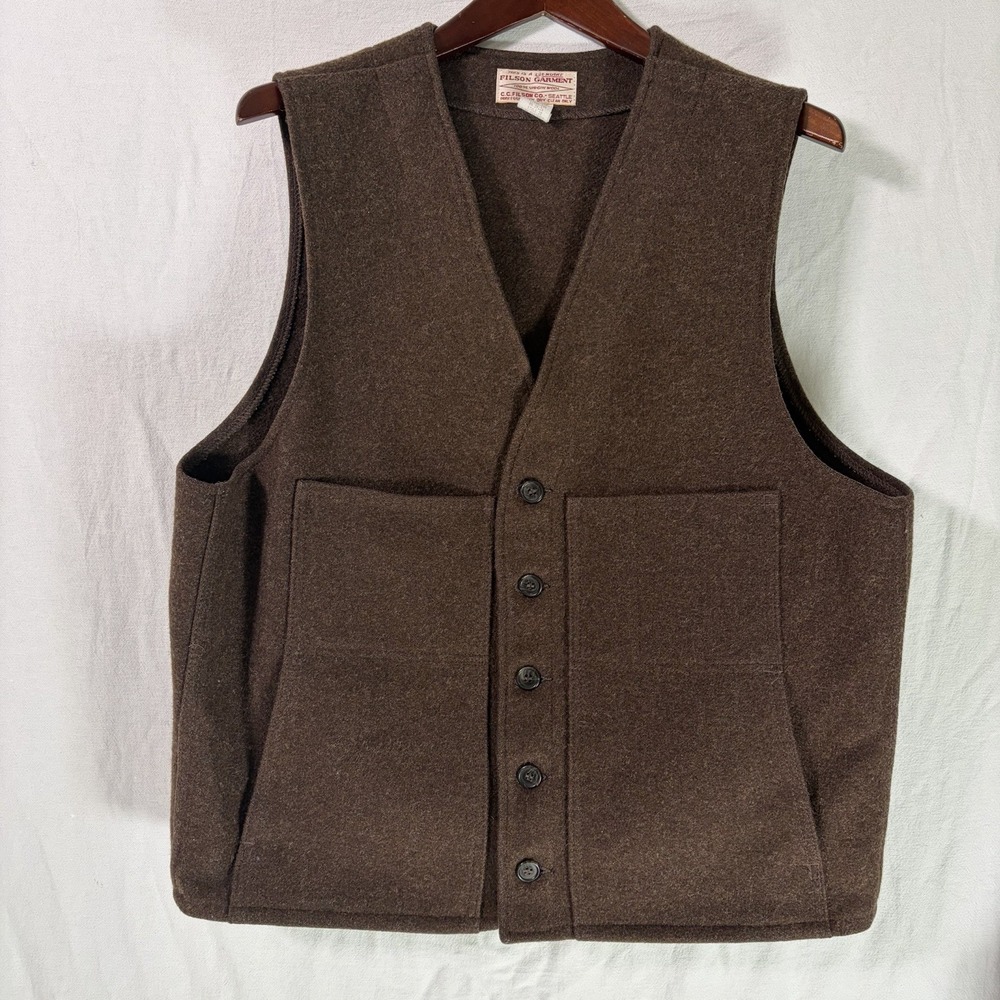 Filson Mackinaw 100% Virgin Wool Vest Mens Size 46 Brown Hunting USA Heritage
